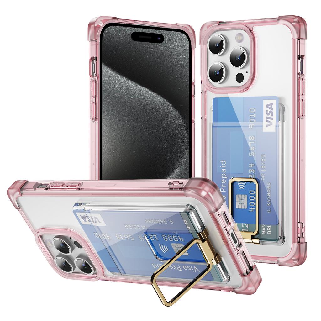 Shockproof Acrylic Card Slot Holder Clear Phone Case for iPhone 15 14 13 12 11 Pro Max 15Plus 14Plus Metal Kicstand Bumper Cover