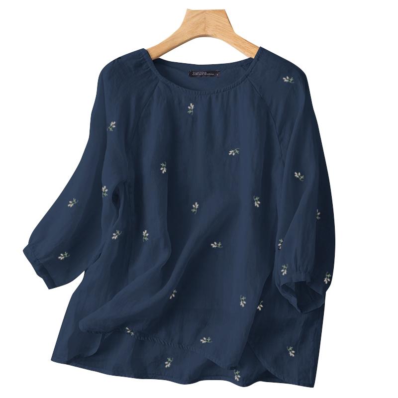 ZANZEA Женская повседневная летняя блузка с цветочной вышивкой и круглым вырезом с рукавами 3/4