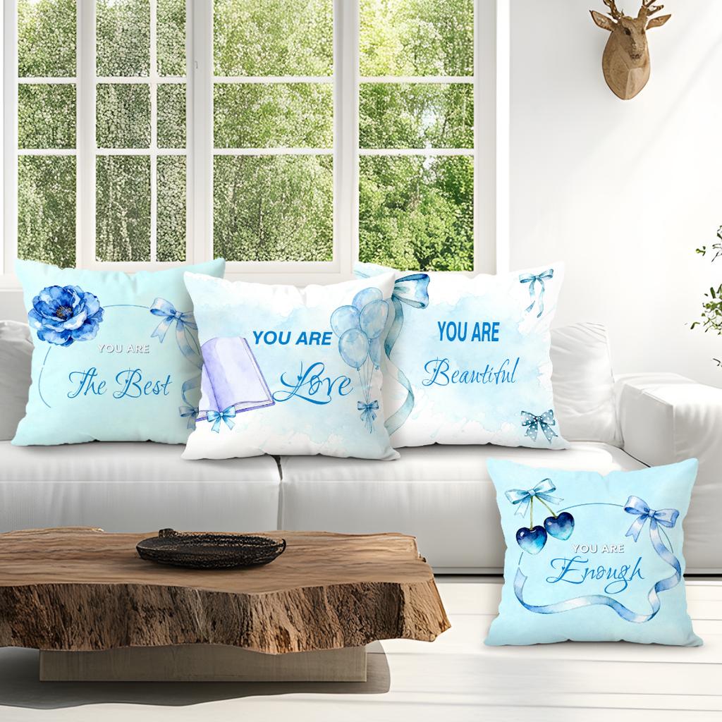 4 Pcs Blue Bow Text Single-Sided Printed Pillowcase Cushion Cover,Suitable For Living Room,Bedroom,Car Decoration