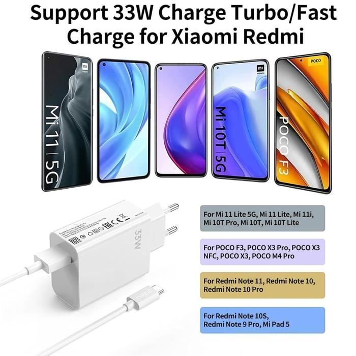 Chargeur rapide 33W - E.F.CONNECTION - Câble 1M USB-C - pour Xiaomi et Redmi 15C,14C,13C,5A,Note 15 Pro Plus, Note 14 Pro, Note 13
