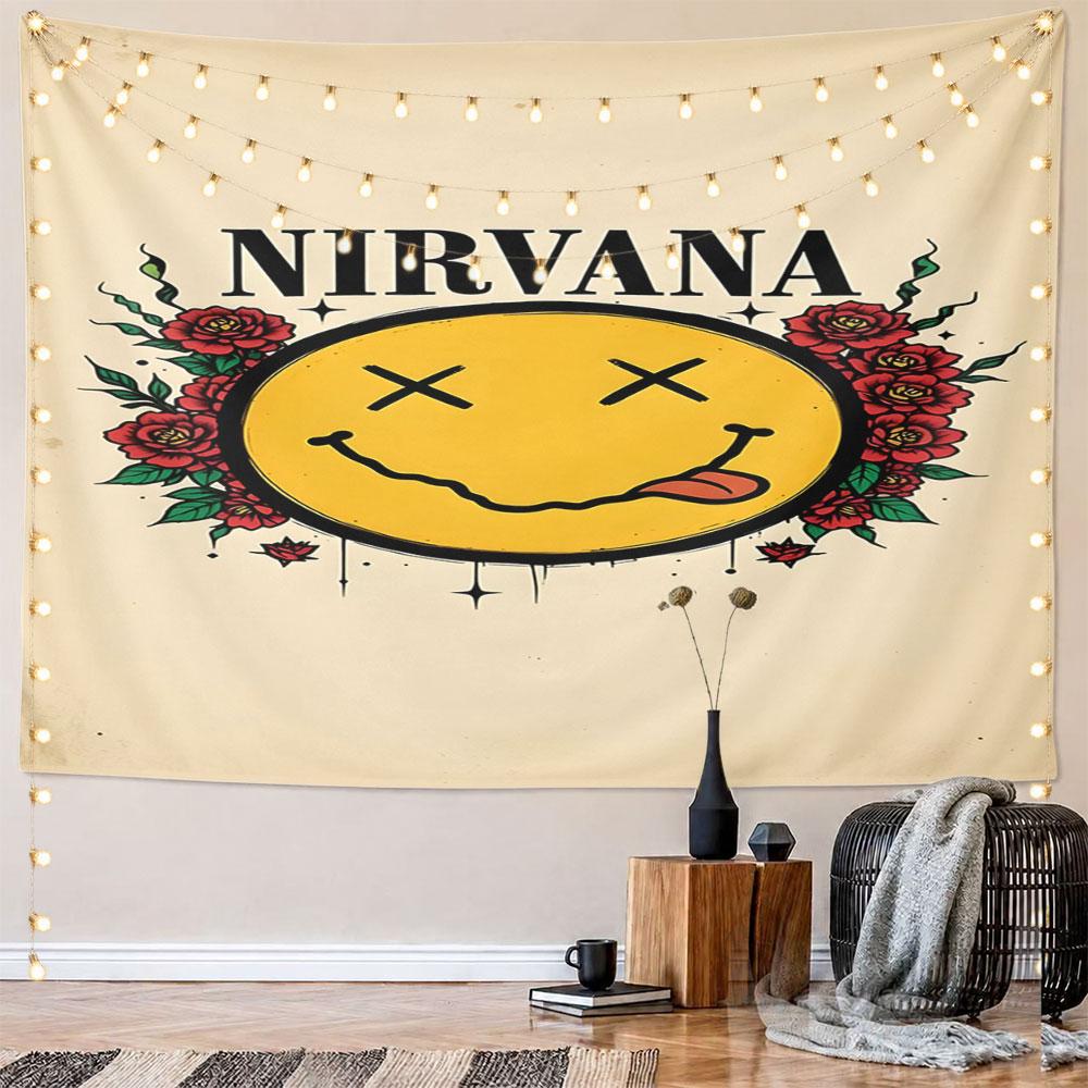 Гобелен с принтом «Улыбающееся лицо Nirvana с розами» Настенный гобелен Декоративный гобелен Домашний декор для спальни и гостиной