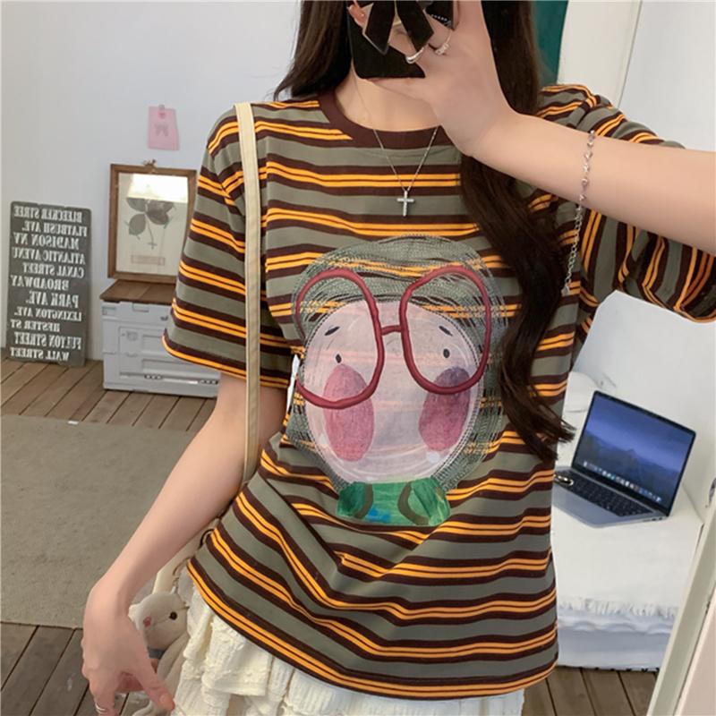 2025 летние простые футболки с коротким рукавом для женщин, модные повседневные свободные базовые футболки в синюю полоску, футболки для студентов в стиле Харадзюку, кавайные, топы для улиц y2k