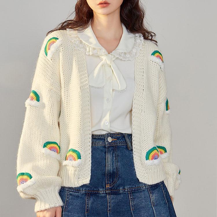 Толстые вязаные топы ручной работы, женский модный укороченный вязаный кардиган, свитер 90-х годов, Радужная уличная одежда C-048