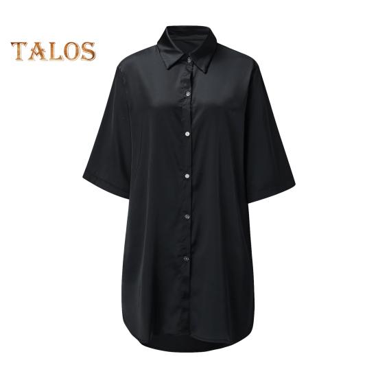 Женская летняя ночная рубашка с коротким рукавом, рубашка с отворотом, однобортная, свободная, сплошной цвет, атласная, свободная, с разрезом подол, домашняя одежда, платье для сна, ночная рубашка