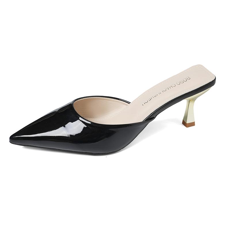 Баотоу Полутапочки Женские Новинка Летней Носки Лакированная Кожа Острый Носок Неглубокий Вырез Маленькая Шпилька Высокий Каблук