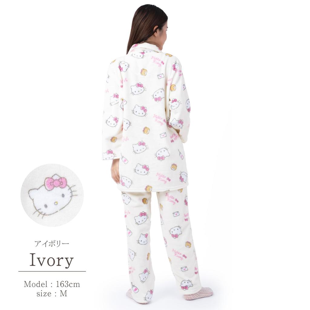 Hello Kitty Shirt Pajamas Flannel Long Sleeve Long Pants Top and Bottom Set Room Wear Pink Ribbon Hello Kitty [SAZAC] Women's (Ivory/L/SAN1746)