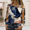 Women Plus Size Asymmetric Off Shoulder T Shirt Long Sleeve Firework Print Navy Blue Sheer Mesh Sleeve