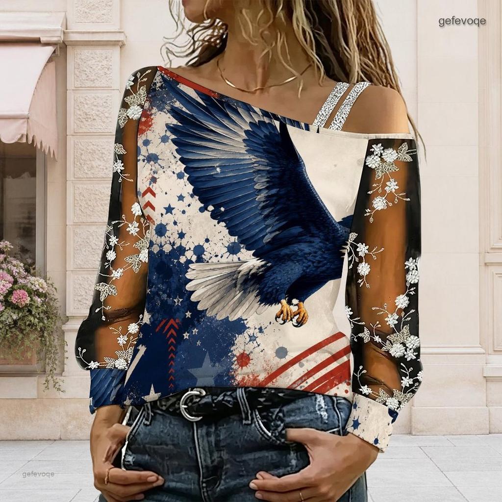 Women Plus Size Asymmetric Off Shoulder T Shirt Long Sleeve Firework Print Navy Blue Sheer Mesh Sleeve