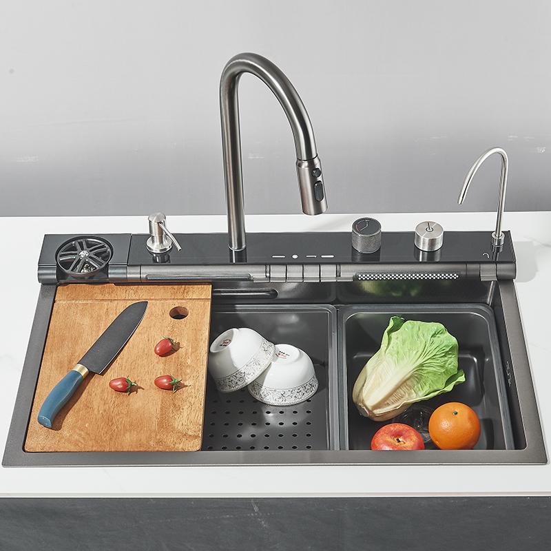 Кухонная раковина с водопадом из нержавеющей стали 304, цифровой дисплей, большая одинарная раковина, раковина для посуды с многофункциональным сенсорным водопадом