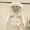 Big fur collar hooded pie overcomes women's autumn and winter drawstring waist pocket thermal cotton clothes