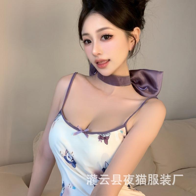 Fun print suspender nightdress chest pad women's summer sleeveless tight short skirt pure desire hot girl sexy waist hip skirt