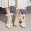 High Heels Bow Sandals 2025 Summer New Popular Temperament French Beaded Middle Heel Pointed White Single Shoes