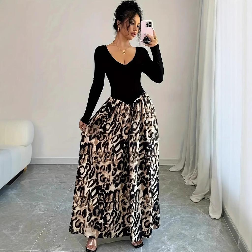 Spring Women Vintage Sexy High Waist Slim Clashing Elegant Leopard Print V-Neck Dresses