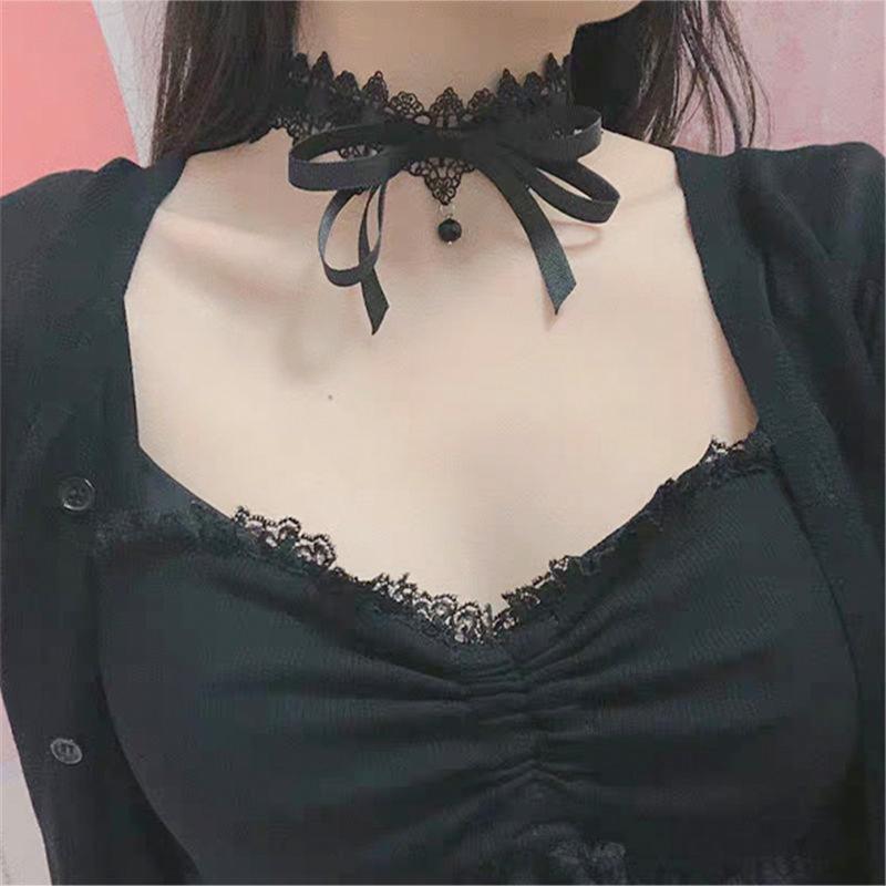 Korean Bowknot Girl Black Lace Choker Necklace Harajuku Loli Cute Collar