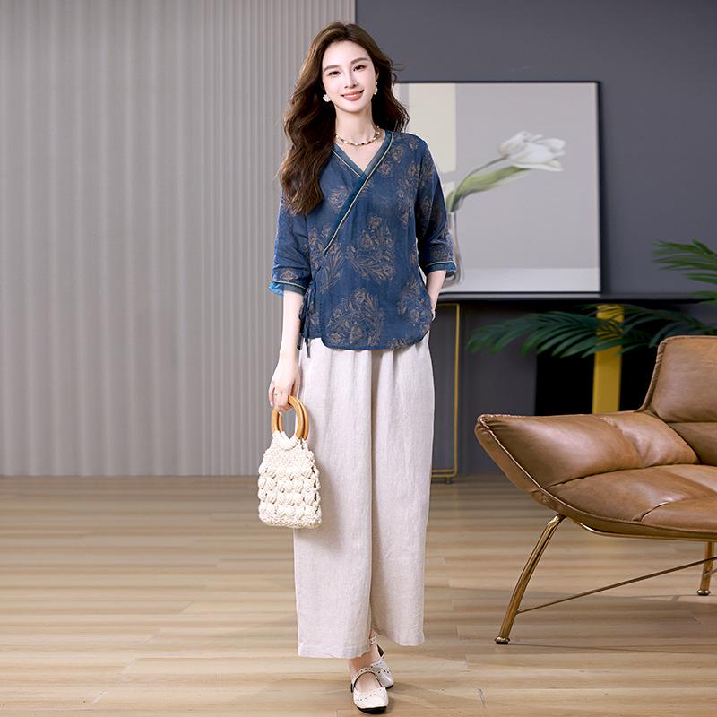 Женский летний костюм из рами 2025: Ретро костюм-двойка с широкими брюками и топом