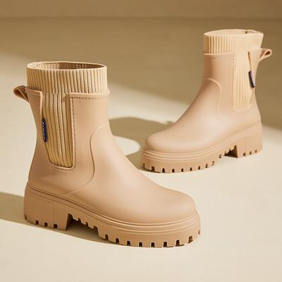 Сапоги из непромокаемой кожи женские, модные, на все времена, для отдыха на открытом воздухе, средней высоты, водонепроницаемые, нескользящие, резиновые, модные сапоги из непромокаемой кожи с хлопковым покрытием
