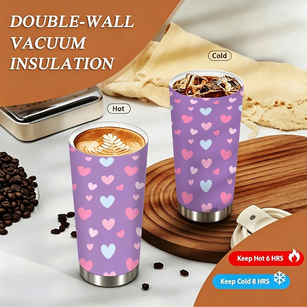Cute Purple Heart Pattern Stainless Steel Insulated Coffee Tumbler Vacuum Thermal Cup Leakproof Travel Mug for Hot Cold Drinks
