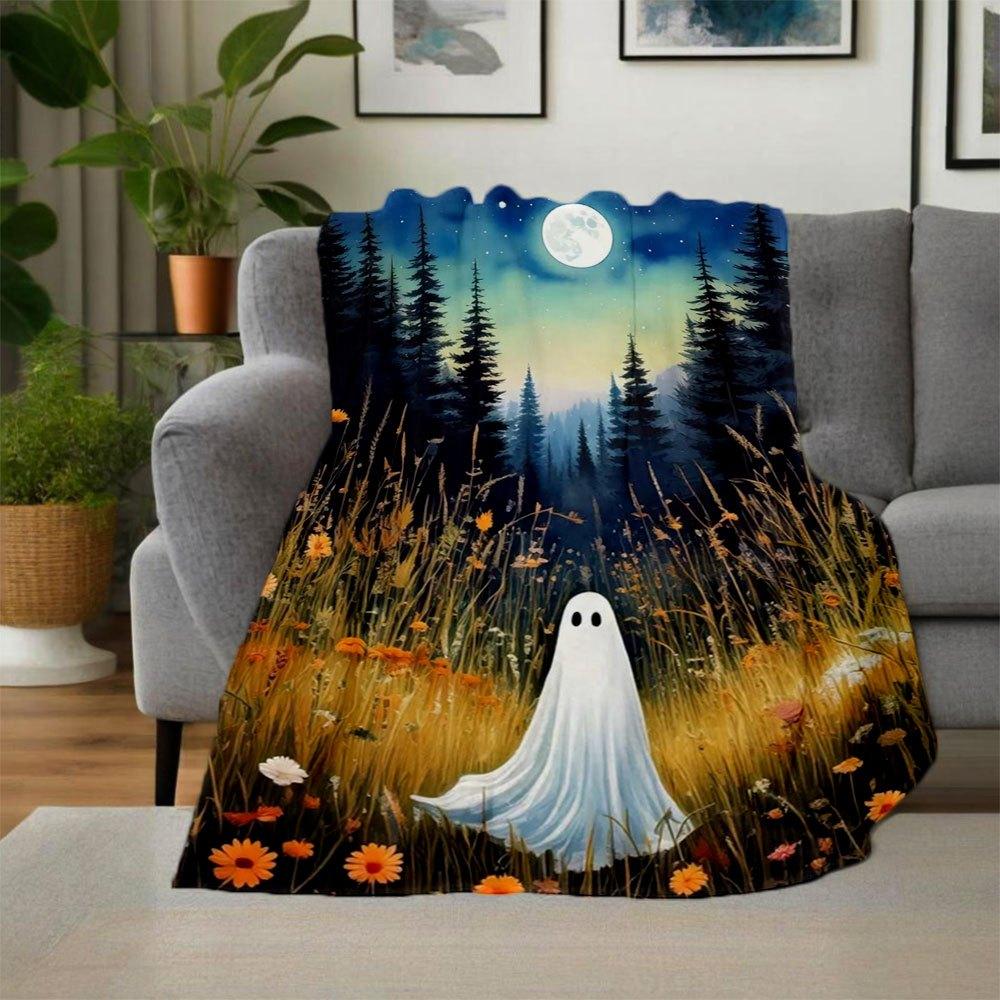 "Spooky Night Ghost Wall Art Print - Halloween Decor"Blanket Flannel Throw Blanket for Sofa, Bed, Travel, Camping, Office, Couch, Chair, And