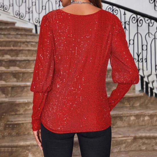 Women Tops Round Neck Lantern Long Sleeve Jumper Tops Loose Fit Glitter