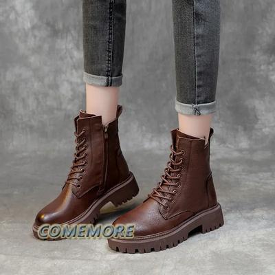 Новые женские осенние туфли на шнуровке, модные кожаные ботильоны, зимние черные удобные сапоги на платформе с круглым носком в стиле рыцарских сапог