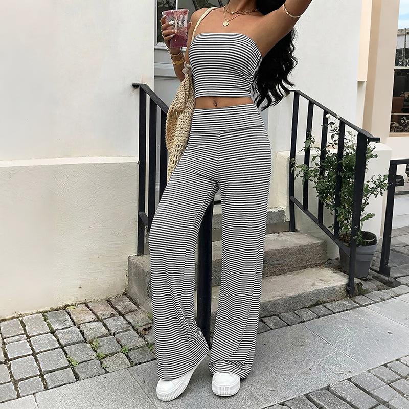 TIFICY Women's Fashion Casual Summer Spring Stripe Print Sleeveless Trousers Pants Suits