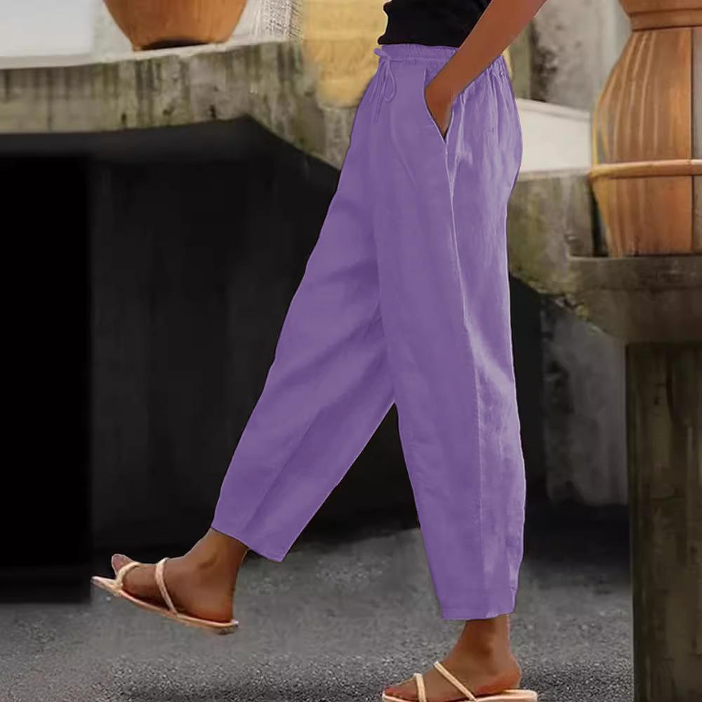 Женские брюки из хлопка и льна, однотонные, с эластичной талией, повседневные, прямые, с карманами