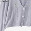 VONDA Autumn Winter Women Long Sleeve Embroidery Casual Short Knitted Sweaters Cardigans