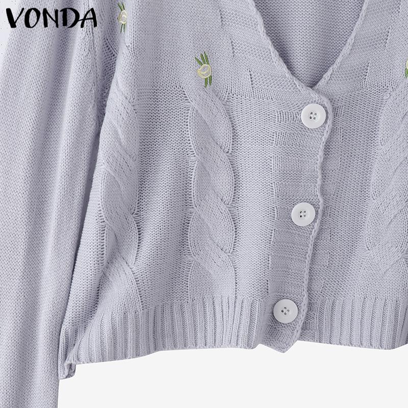 VONDA Autumn Winter Women Long Sleeve Embroidery Casual Short Knitted Sweaters Cardigans