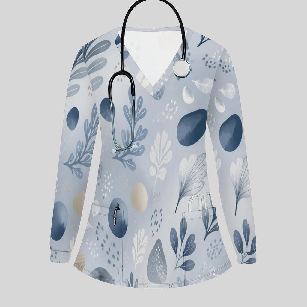 Women Plus Size Multicolor Printed V Neck Long Sleeve Scrub Top With Front Pockets