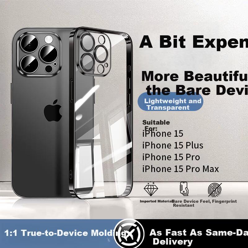 GURRS Apple iPhone 15 Pro Max Case Full Coverage Lens Protection Gold Plated Transparent Ultra-Thin Airbag Shockproof Simple Unisex Bright Black