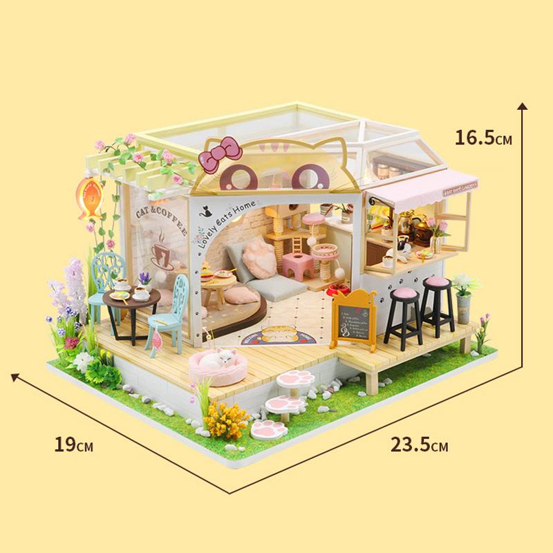 Wooden Doll House Cat Cafe Mini DIY Small House Kit Making Room Toys Home Bedroom Decoration with Furniture For Gifts Dollhouse