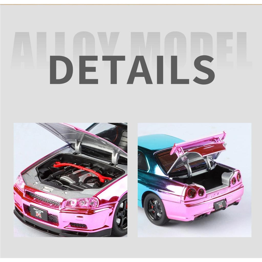 1/24 Nissan Skyline GT-R GTR R34 Сплав Гальванизированная Модель Спортивного Автомобиля Литье под Давлением Металл Гоночный Автомобиль Модели Транспортных Средств Звук Свет Детская Игрушка Подарок