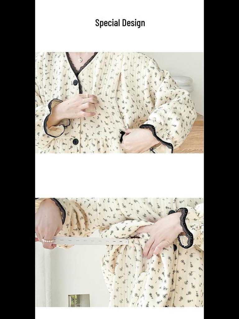 Теплая пижама для беременных из воздухопроницаемого хлопка с прослойкой 2024 года — осенне-зимний кардиган с круглым вырезом и возможностью кормления грудью.