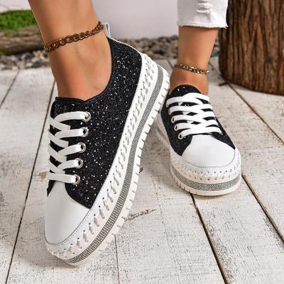 Женские кроссовки на шнуровке на платформе со стразами, повседневная обувь