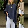 Summer Women's Solid Color Cotton Linen T-shirt, Loose Crew Neck Irregular Hem Casual Tee for European American Women