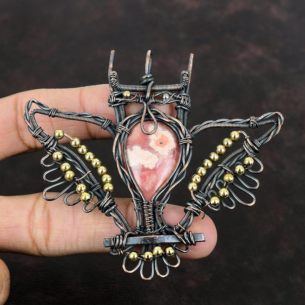 Rhodochrosite Pendant Copper Wire Wrapped Pendant Owl Pendant Gemstone Jewelry Handmade Pendant Rhodochrosite Copper Jewelry Engagement Gift