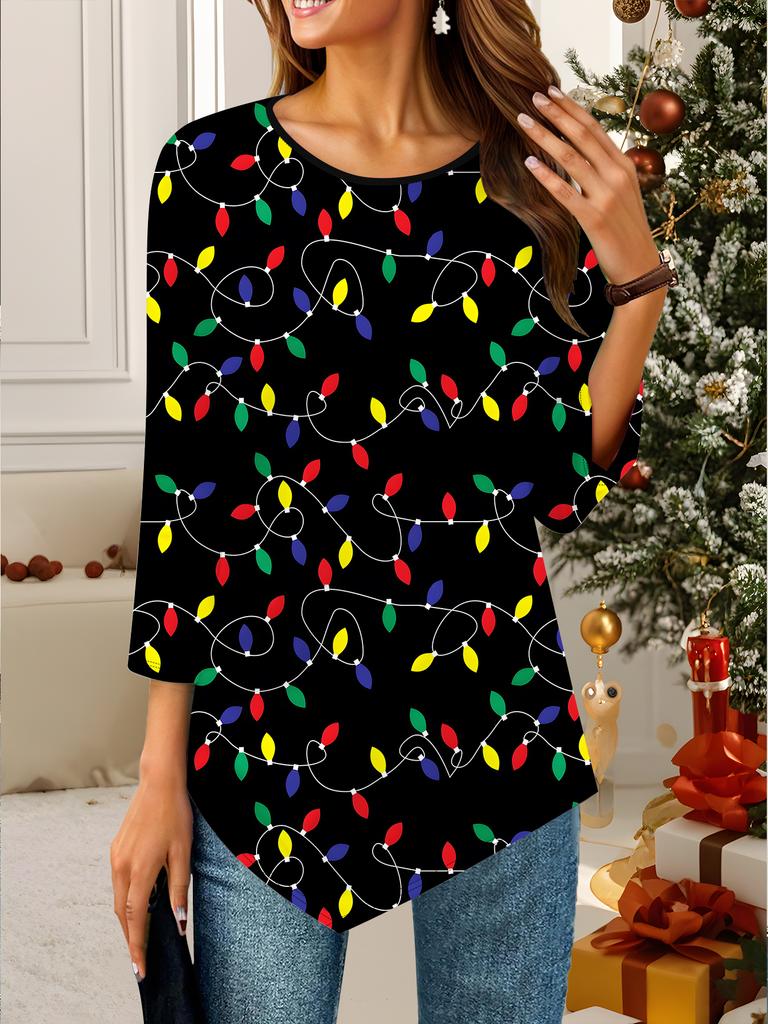 Женская свободная футболка с круглым вырезом и рукавом три четверти с 3D рождественским узором. Идеальный подарок на Хэллоуин и Рождество.