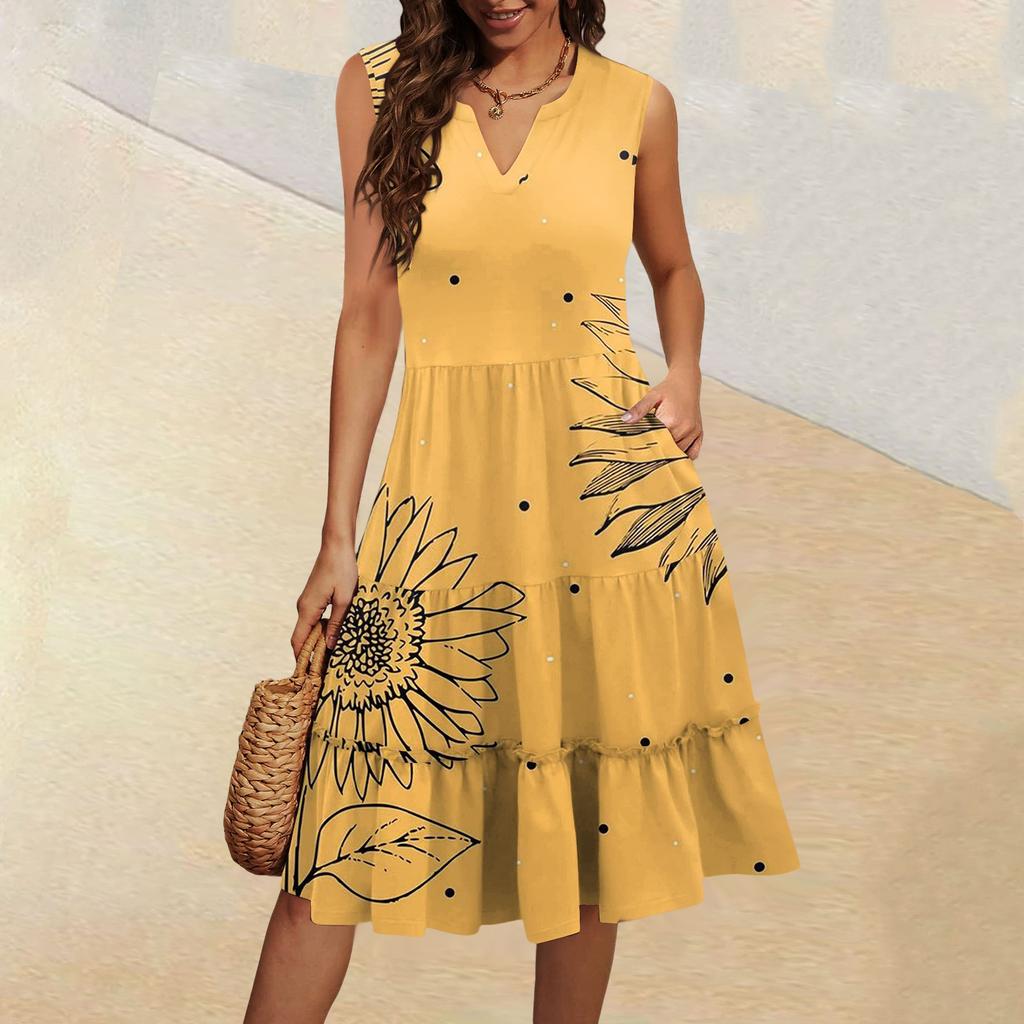 Женские летние повседневные платья без рукавов с V-образным вырезом и плиссированными оборками в винтажном стиле с цветочным принтом
