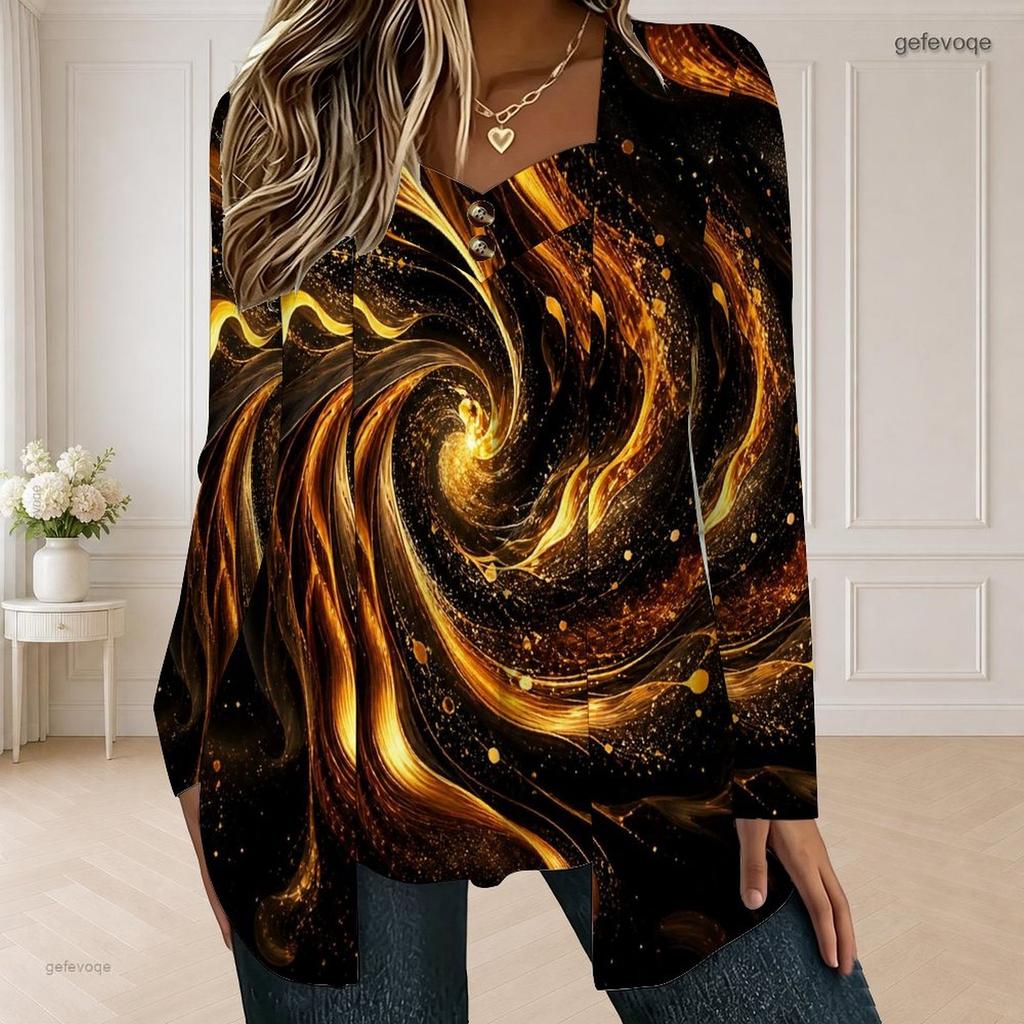 Women Plus Size Square Neck Long Sleeve Red Black Printed Button Detail Layered Front T Shirt