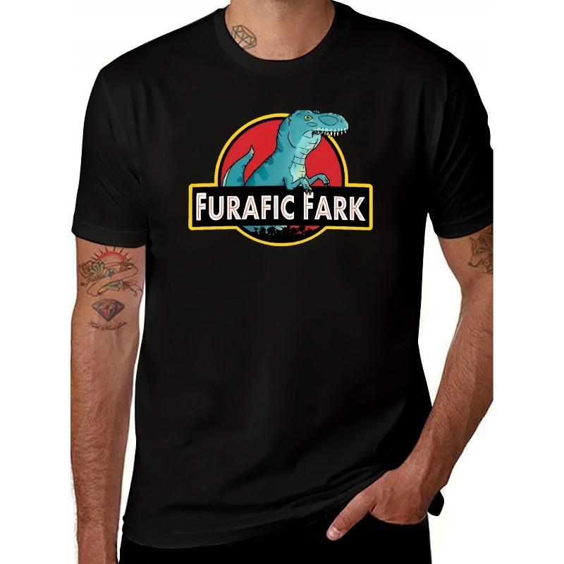 Мужская футболка с принтом "FURAFIC FARK" - Забавный синий динозавр с желтыми и красными акцентами. Повседневная футболка с круглым вырезом, подходящая для всех сезонов