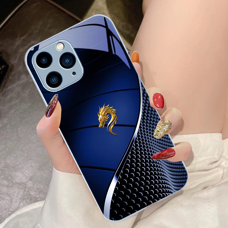 Черный чехол для телефона из закаленного стекла для iPhone 15 Pro 14 13 12 Mini 11 XS Max XR 7 8 Plus SE 2020 2022 Китайский Дракон Порошок