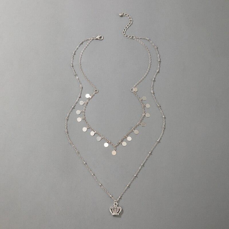Tocona INS Fashion Crown Pendant Neckalce Bohemian Tassel Silver Color Wafer Multi-layer Chain Jewelry for Women Oшейник 17470