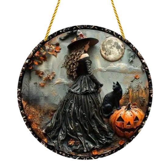 Halloween Moon Witch Hanging Decoration Stained Glass 2D Flat Acrylic Faux Crystal Pendant Witch Suncatcher Wall Window Hanging Sign Ornament