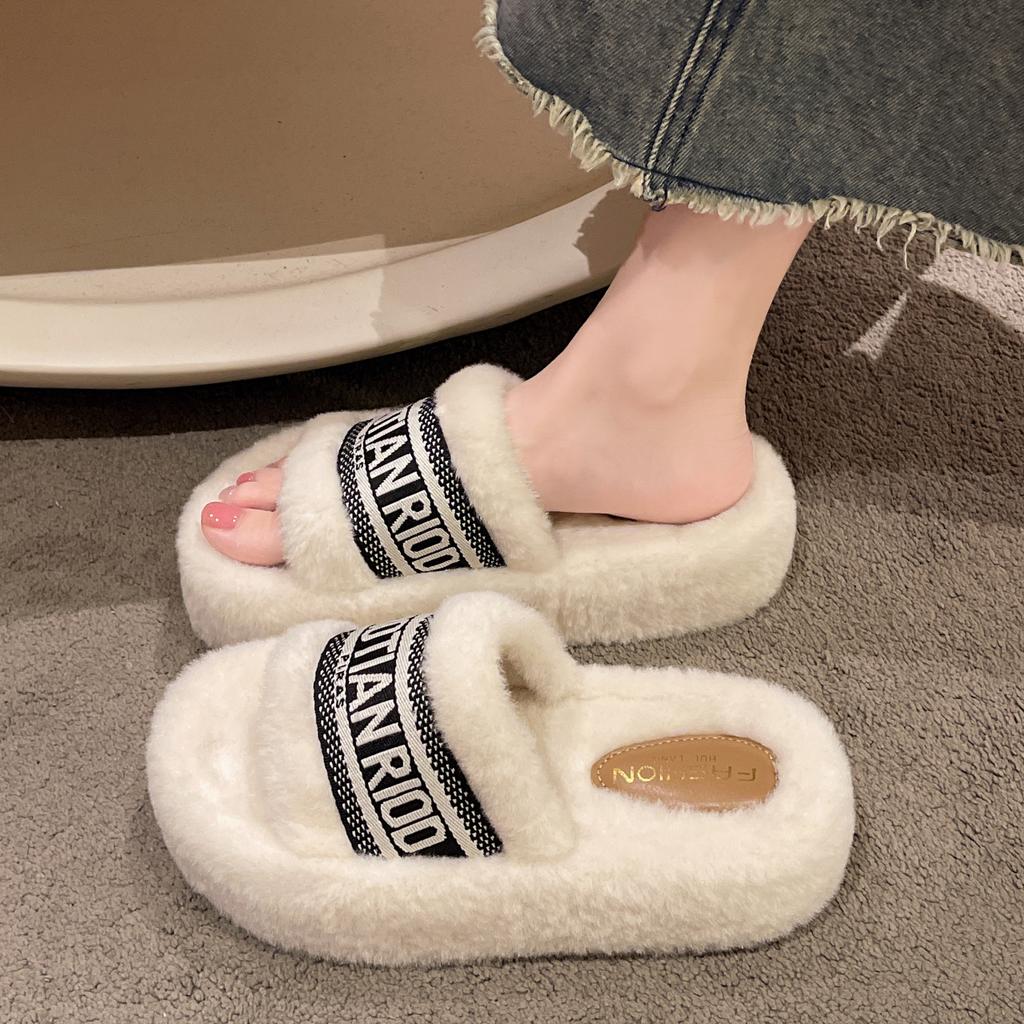 Fashion Female Slippers Large Size Women Plush Open Toe Flat Furry Slippers Fashion Flat Cotton Shoe Non Slip Warm Slippers Women Winter