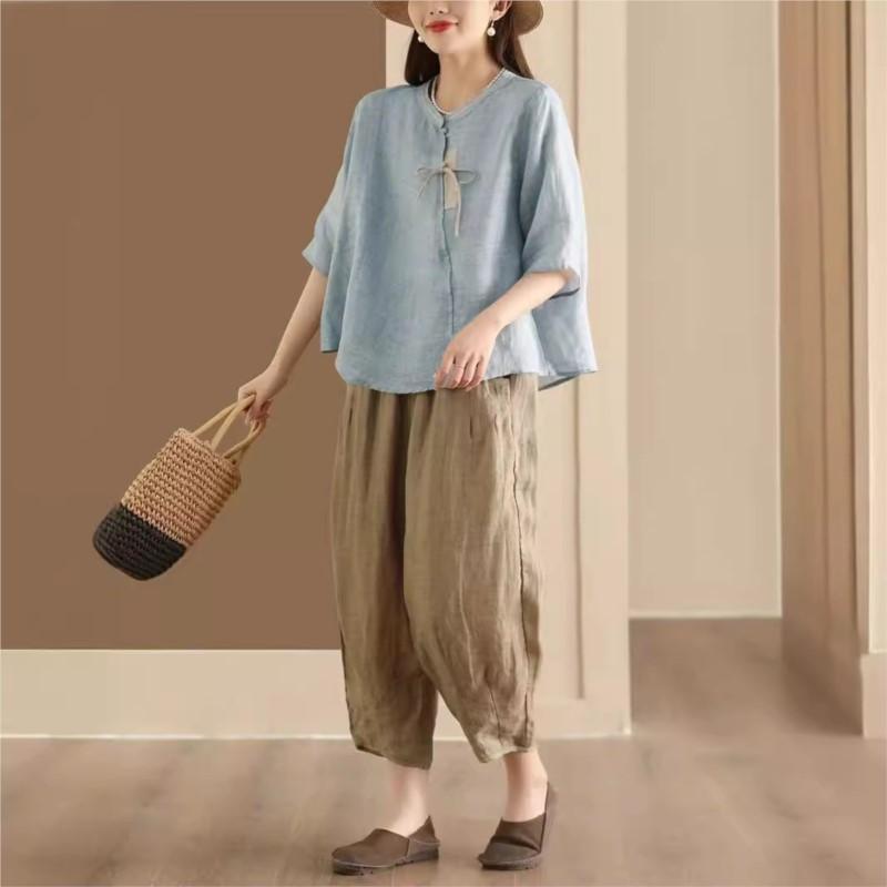 Johnature Women Vintage Shirts Tops Stand Half Sleeve Blouses Summer Button Chinese Style Loose Shirts