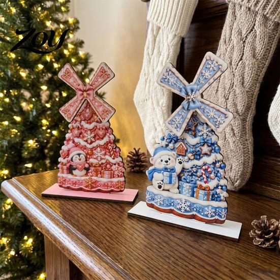 Rustic Xmas Party Ornaments Christmas Windmill Wooden Ornament, Decorative Craft with Rotating Handmade Atmosphere Props Blades, Figurine for Holiday