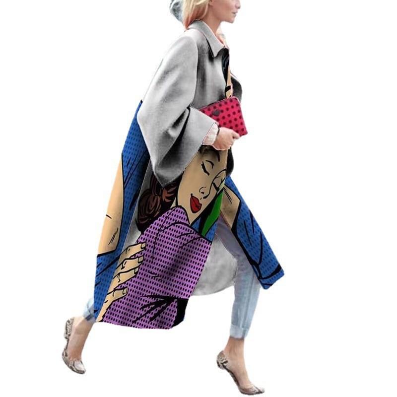 Women's Autumn and Winter Long Sleeve Lapel Printed Casual Tweed Coat