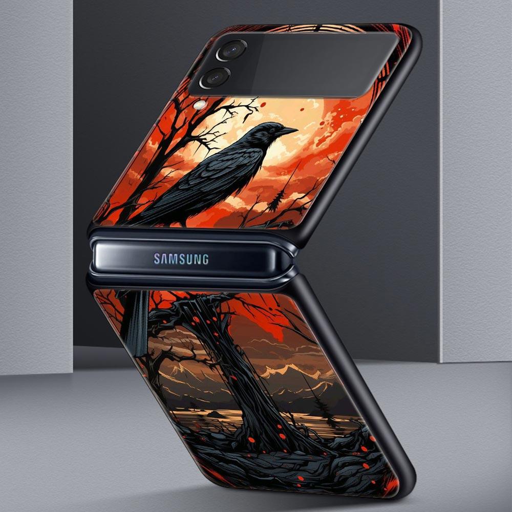 Black Raven Hard PC Phone Case For Samsung Galaxy Z Flip 7 6 5 4 Black Cover For Galaxy Z Flip 3 Foldable Shell Fundas Capas Bag