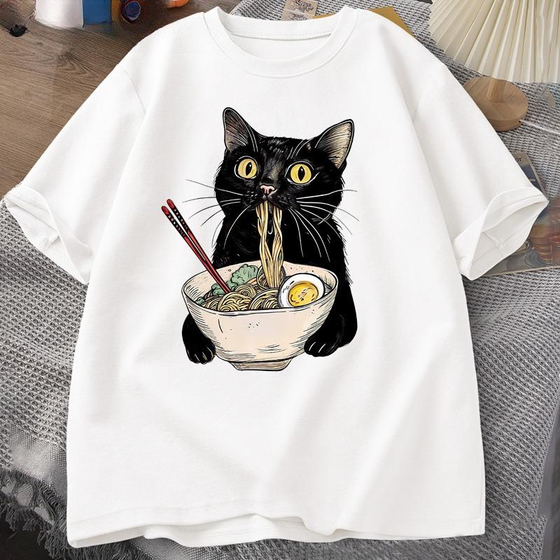 Футболка с кошкой RaUnisex, футболка для любителей еды, черная кошка, футболка с лапшой, ретро, повседневная, с коротким рукавом, для унисекс, женская одежда