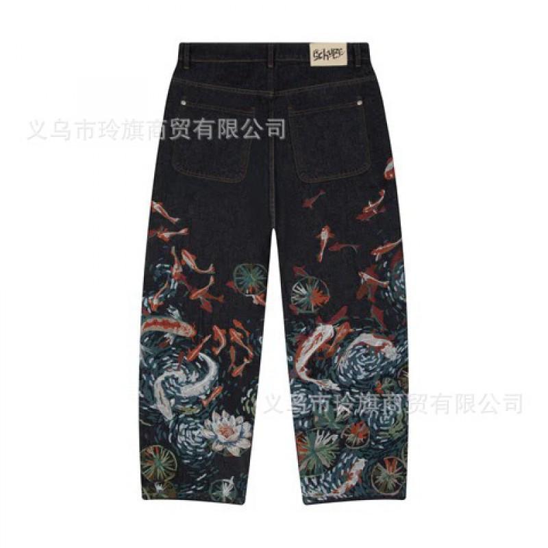 Vintage Carp Embroidered Jeans Men Women Streetwear Straight Leg Denim Pants High Stretch Casual Trousers